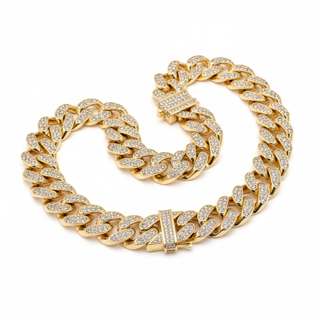 Iced out Cuban link chain gold necklace with diamond accents