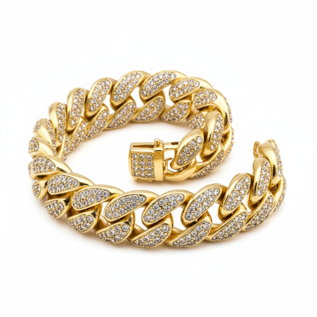Iced out Cuban link bracelet gold with diamond CZ accents