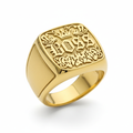 Gold iced out signet ring with CZ diamonds on white background