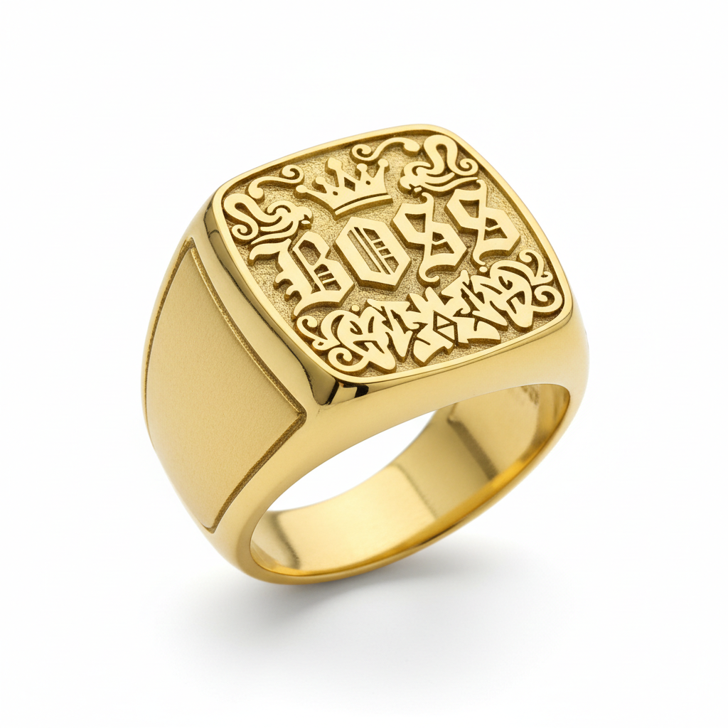 Gold iced out signet ring with CZ diamonds on white background