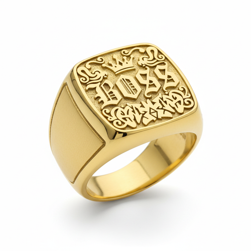 Gold iced out signet ring with CZ diamonds on white background